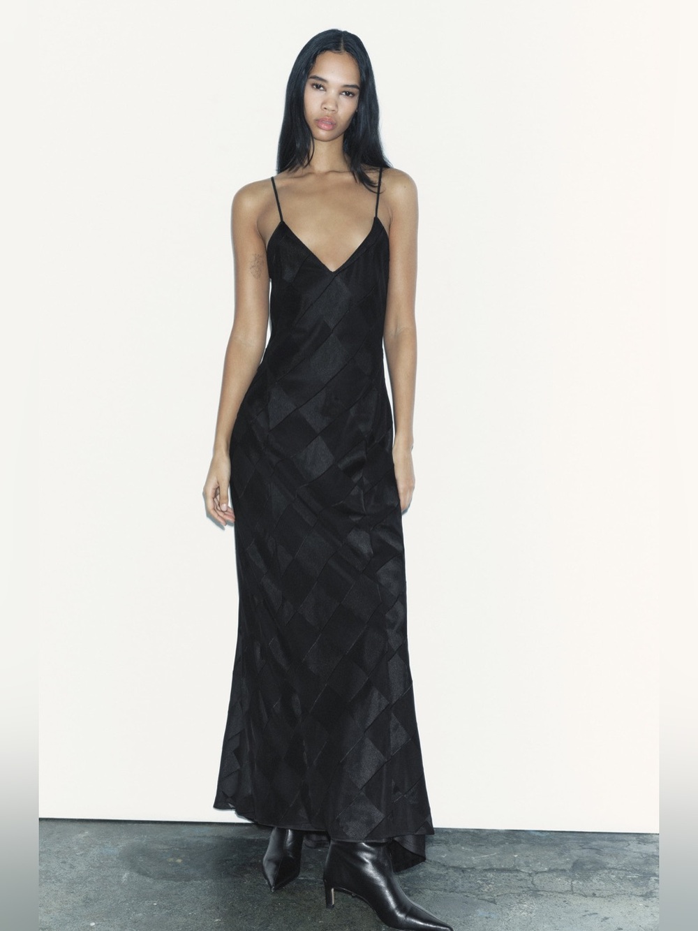 Zara Jacquard Combination Satin Slip Check Geometric Maxi Dress XS 9168/745